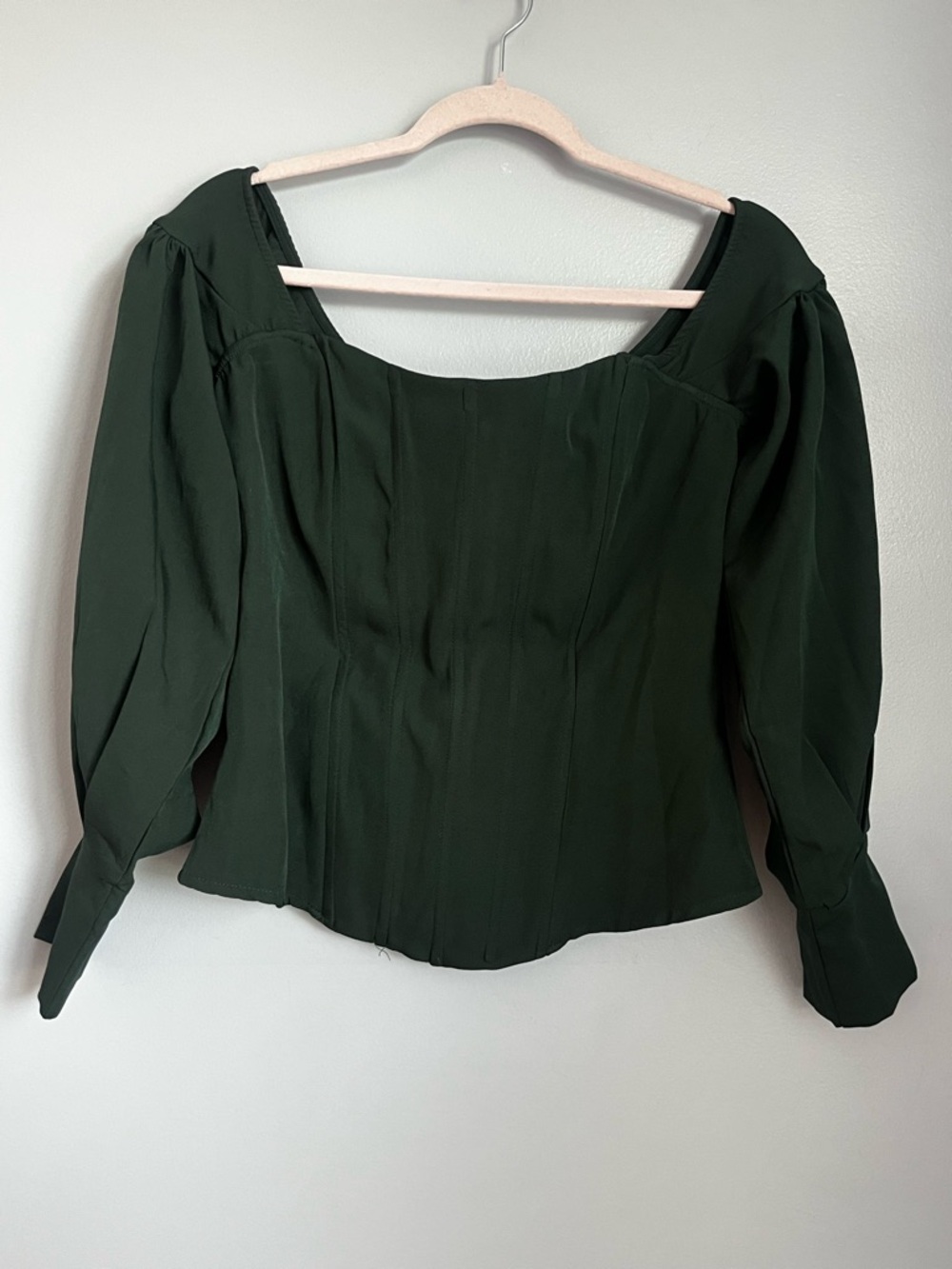 PrettyLittleThing  Forest Green Square Neck Puff Long Sleeve Corset Blouse SZ 10